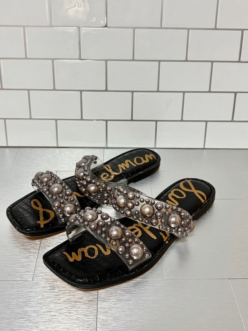 Sam Edelman Eleana Pearl Studded Clear Slide Sandals Black Size 9.5